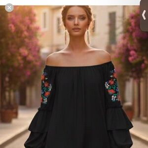 Vava by Joy Han Black Off-Shoulder Dress with Colorful Embroidery. NWOT Boutique